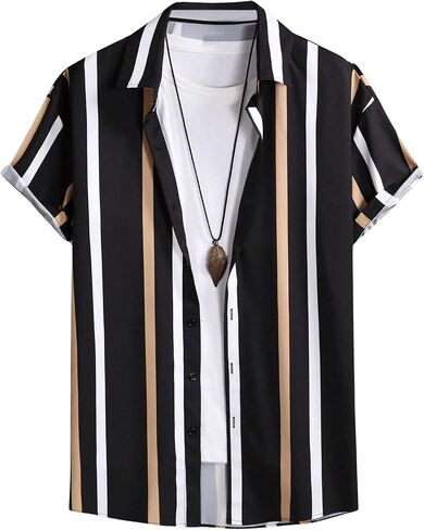 OYOANGLE Men's Color Block Striped Print Short Sleeve Button Up Casual Shirt in Kuwait