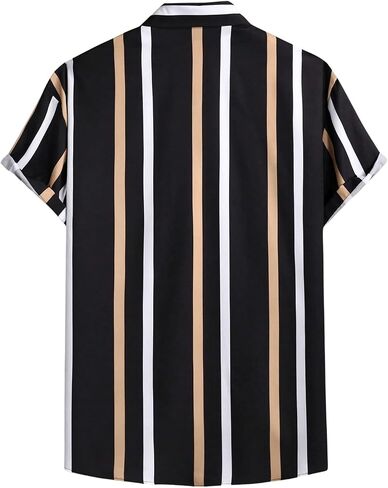 OYOANGLE Men's Color Block Striped Print Short Sleeve Button Up Casual Shirt in Kuwait