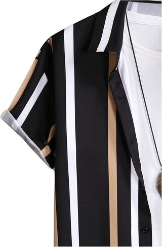 OYOANGLE Men's Color Block Striped Print Short Sleeve Button Up Casual Shirt in Kuwait