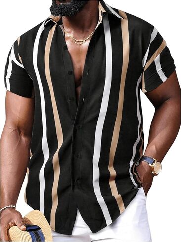 OYOANGLE Men's Color Block Striped Print Short Sleeve Button Up Casual Shirt in Kuwait