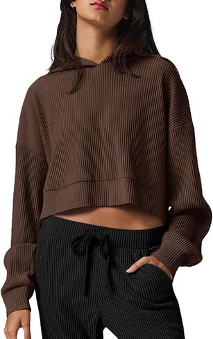 LASLULU Womens Hoodies Fall Casual Long Sleeve Hooded Sweatshirts Side Split Pullover Ribbed Shirts Workout Tops in Saudi Arabia