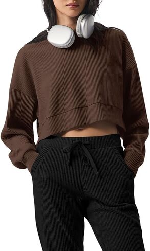 LASLULU Womens Hoodies Fall Casual Long Sleeve Hooded Sweatshirts Side Split Pullover Ribbed Shirts Workout Tops in Saudi Arabia