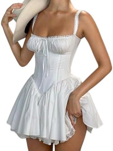 Pokn Milk Maid Dress Y2K Dress Lace Mini Women's Dress White Dress Floral Bandage Sheath Dresses Aesthetic Casual Party Dress in Saudi Arabia