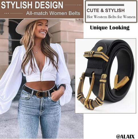 ALAIX Women's Leather Belt Vintage Western Belt Silver/Gold Buckle Belt Jeans Belt Black and Gold Belt for Women in Saudi Arabia