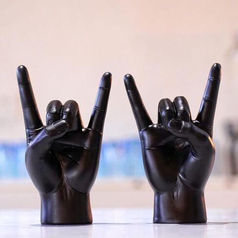 Vilead Metal Horns Sculpture,7.6" Gold Rock and Roll Hand Gesture Statue,Rock On Hand Sculpture,Gold Shelf Decor Accessories,Tabletop Statue Decor for Desk Bookshelf in Home (Black, Right Hand) in Kuwait
