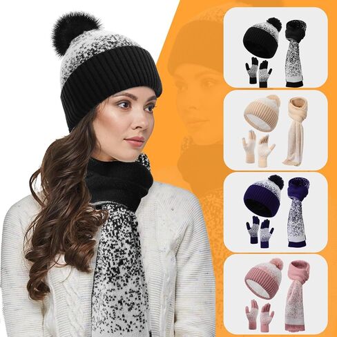 Womens Beanie Hat Scarf Gloves Set,Fleece Lined Warm Winter Cap with Pom Pom,Long Knit Scarf 3 in 1 Set for Cold Weather Gift in Kuwait
