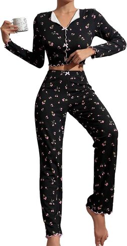 Hilinker Womens Cute Long Sleeve Pajama Set Ribbed Top and Pants Sleepwear 2 Piece Pjs in Saudi Arabia