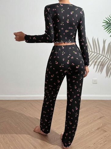 Hilinker Womens Cute Long Sleeve Pajama Set Ribbed Top and Pants Sleepwear 2 Piece Pjs in Saudi Arabia