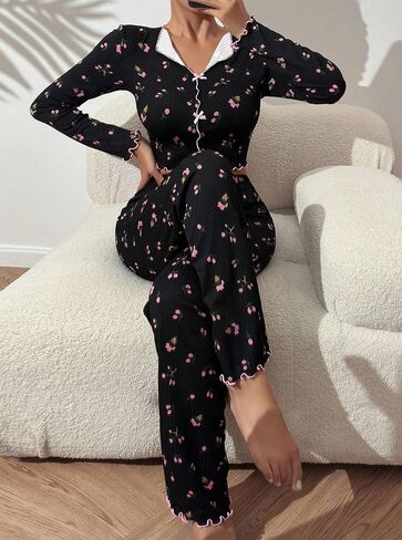 Hilinker Womens Cute Long Sleeve Pajama Set Ribbed Top and Pants Sleepwear 2 Piece Pjs in Saudi Arabia