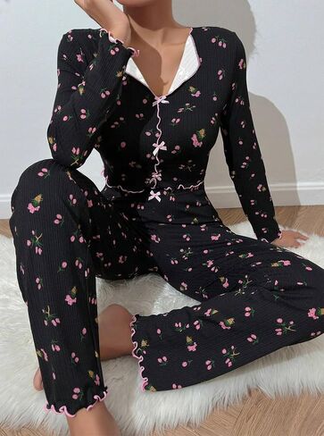 Hilinker Womens Cute Long Sleeve Pajama Set Ribbed Top and Pants Sleepwear 2 Piece Pjs in Saudi Arabia