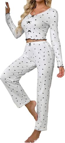 Hilinker Womens Cute Long Sleeve Pajama Set Ribbed Top and Pants Sleepwear 2 Piece Pjs in Saudi Arabia