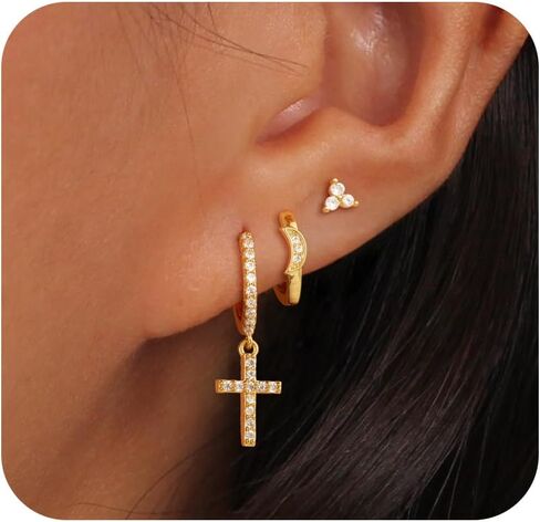 Gold Hoop Earrings Set for Women, 3 Pairs Dainty 14k Gold Plated Dangle Stud Cubic Zirconia Earrings Trendy Hypoallergenic Earrings Stack Non Tarnish Gold Jewelry for Women Christmas Gifts in Saudi Arabia