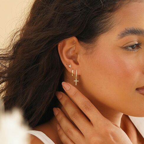 Gold Hoop Earrings Set for Women, 3 Pairs Dainty 14k Gold Plated Dangle Stud Cubic Zirconia Earrings Trendy Hypoallergenic Earrings Stack Non Tarnish Gold Jewelry for Women Christmas Gifts in Saudi Arabia