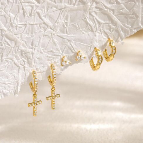 Gold Hoop Earrings Set for Women, 3 Pairs Dainty 14k Gold Plated Dangle Stud Cubic Zirconia Earrings Trendy Hypoallergenic Earrings Stack Non Tarnish Gold Jewelry for Women Christmas Gifts in Saudi Arabia