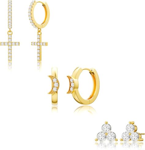 Gold Hoop Earrings Set for Women, 3 Pairs Dainty 14k Gold Plated Dangle Stud Cubic Zirconia Earrings Trendy Hypoallergenic Earrings Stack Non Tarnish Gold Jewelry for Women Christmas Gifts in Saudi Arabia