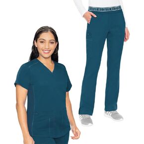 Med Couture Scrub Set for Women, 11 Pockets with V-Neck Scrub Top MC7459 and Comfortable Scrub Pants, MC7739, Caribbean - L Top/L Petite Pant
