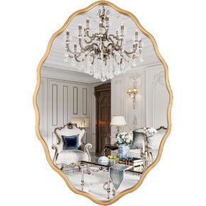 24 * 36 Inch Brushed Gold Oval Ripple Bathroom Mirror Wall Mounted Large Modern Countryside Suitable for Washroom, Bedroom, Living Room, Entryway