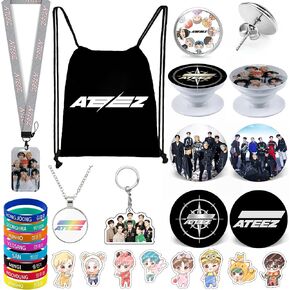 Kpop Gifts Set for Ateez, Including Drawstring Bag Backpack, Necklace, Earrings, Bracelets, Button Pins, Lanyard ID Holder, Keychain, Phone Ring Holder, Cartoon Badge