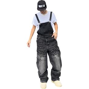 Mens Y2k Hip Hop Distressed Baggy Denim Bib Overalls Casual Fashion Wide Leg Jean Jumpsuit with Big Pockets