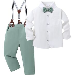 YALLET Toddler Boy Clothes Suit, Formal Dress Shirt with Bowtie+Suspender Pants Boy Gentleman Wedding Outfits 2-10 Years