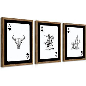 Western Cowboy Wall Art Set Of 3 Cowboy Print Playing Card Inspired Southwestern Canvas Poster Trendy Western Wall Decor Longhorn Bull Skull Room Decor for Bedroom Living Room Framed 12x16 inch