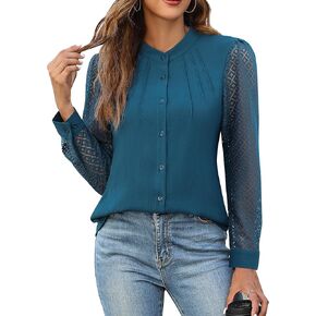 Blooming Jelly Womens Button Down Shirts Lace Long Sleeve Dressy Tops Pleated Fall Business Casual Blouses 2024