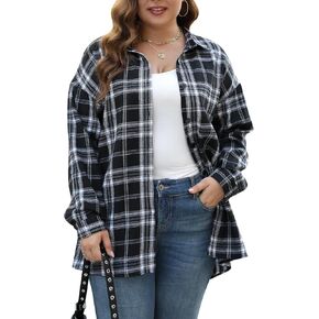 Nemidor Womens Plus Size Casual Plaid Shackets Shirts Button Down Long Sleeve Blouse NEM532