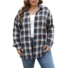 Nemidor Womens Plus Size Casual Plaid Shackets Shirts Button Down Long Sleeve Blouse NEM532 in Kuwait