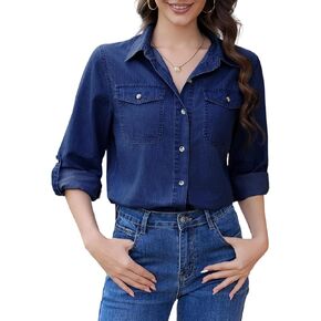 YAMANMAN Women's Button Down Denim Shirt Collared Casual Long Sleeve Chambray Jean Western Shirts with Pockets