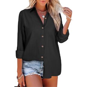 Women's Button Down Shirts Gauze Cotton Linen Shirt Long Sleeve V-Neck Casual Blouse Tops