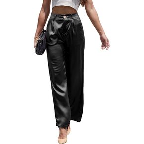 Women's Sequin Sparkly Glitter High Waist Wide Leg Silky Satin Pants Night Out Party Clubwear Trousers