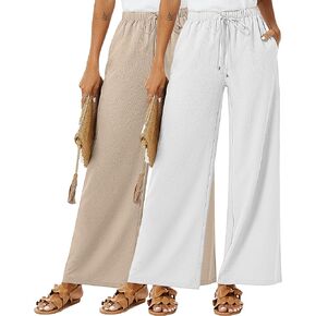 Neer 2 حزمة النساء القطن الكتان السراويل واسعة الساق الرباط مطاطا بالازو السراويل فضفاضة مريحة عارضة Sweatpants مع جيوب in Kuwait