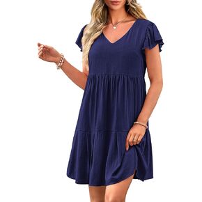 PRETTYGARDEN Women's 2024 Summer Casual Short Dress Cap Sleeve V Neck Tiered Ruffle Swing A Line Dresses