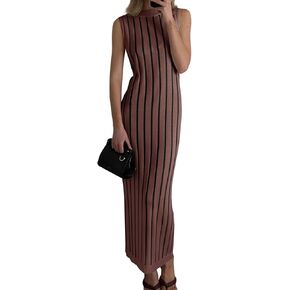 Wenrine Womens Sleeveless Sweater Dress Mock Neck Ribbed Knit Fall Tank Maxi Dresses