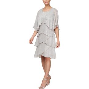 S.L. Fashions Women's Sleeveless Tulip Tier Dress with Short Removable Jacket and Beaded Neckline (Petite and Regular Sizes)
