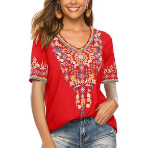 Women's Summer Embroidery Mexican Bohemian Cotton Tops Shirt Tunic Blouses (XL, White-082)