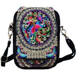 Women Ethnic Embroidered Handmade Mini Canvas Crossbody Shoulder Boho Travel Handbag Cell Phone Purse Wallet, Multicolor, 5.9 * 1.9 * 7.0 inch