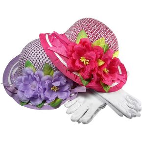 Girls Tea Party Dress Up Play Set for Two with Sun Hats and White Gloves