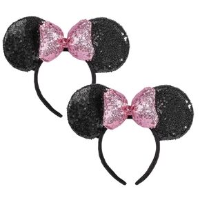 CHuangQi Mouse Ears Shiny Headbands 3D Bow (Pack of 2), Double-sided Sequins Hair Band for Birthday Party/Holiday Dress Up/Amusement Park (Pink Bow Black Ear)