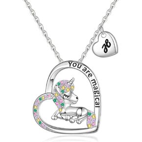 Unicorns Gifts for Girls Necklaces, White Gold Plated Colorful CZ Unicorn Necklace for Girls Heart Unicorn Necklace for Girls Letter Initial Necklaces for Girls Kids Unicorn Gifts for Girls Jewelry