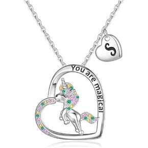 Unicorns Gifts for Girls Necklaces, White Gold Plated Colorful CZ Unicorn Necklace for Girls Heart Unicorn Necklace for Girls Letter Initial Necklaces for Girls Kids Unicorn Gifts for Girls Jewelry