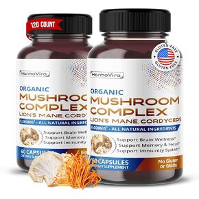 Organic Mushroom Complex Lion's Mane 8000mg Cordyceps 3000mg - Support Brain Wellness, Memory & Focus, Immunity - 120-day Supply - Made in The USA