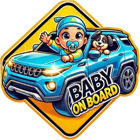 Baby On Board Sticker – Cute Baby and Dog in Blue SUV Design | 5"x5" Child Safety Car Sign by Signs That POP – Self Adhesive, Non-Magnetic, Weatherproof | Cartoon Vehicle Sticker (1 Pack)