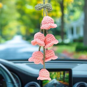 Car Mirror Hanging Accessories, Rear View Mirror Accessories Hanging Decor, Cute Bellflower Hand Knitted Car Pendant Suitable for Key Chains, Backpacks, as Gifts for Women(1 PCS, Pink)