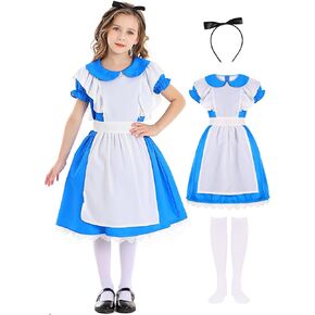 Girls Princess Costume Kids Halloween Costume Peter Pan Collar Blue Dress Princess Costume with White Socks Hairband