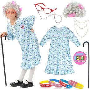 100 Days of School Costume Old Lady Costume with Nightgown Wig Cane for Girls,Halloween Granny Grandma Dress Up