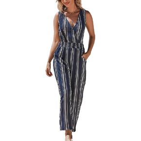 CUPSHE Women's Jumpsuits Stripe Smocked Waist Romper Sleeveless Overall V Neck Outfit Casual Dressy