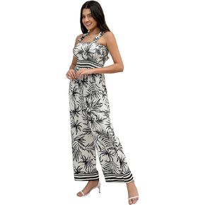 Women's Floral One piece Suit Sleeveless Jumpsuit Summer Cotton Linen Spaghetti Strap Pocket Jumpsuit