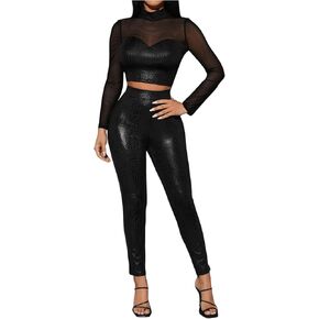 MakeMeChic Women's Two Piece Outfit PU Leather Mesh Mock Neck Tee Crop Tops and Leggings Set