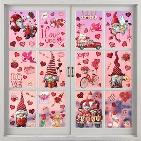 9 Sheets Valentine's Day Window Clings for Glass, Removable Double Sided Gnomes Elf Window Decals Love Red Heart Stickers for Home Showcase Wedding Anniversary Door Party Decorations